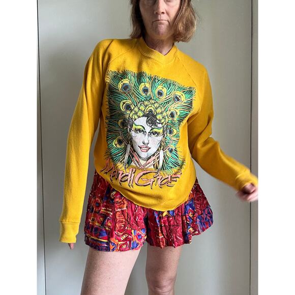 Vintage 80s Sweatshirt Mardi Gras Large Graphic Bright Size L Jerzees tag Fun - Picture 1 of 6